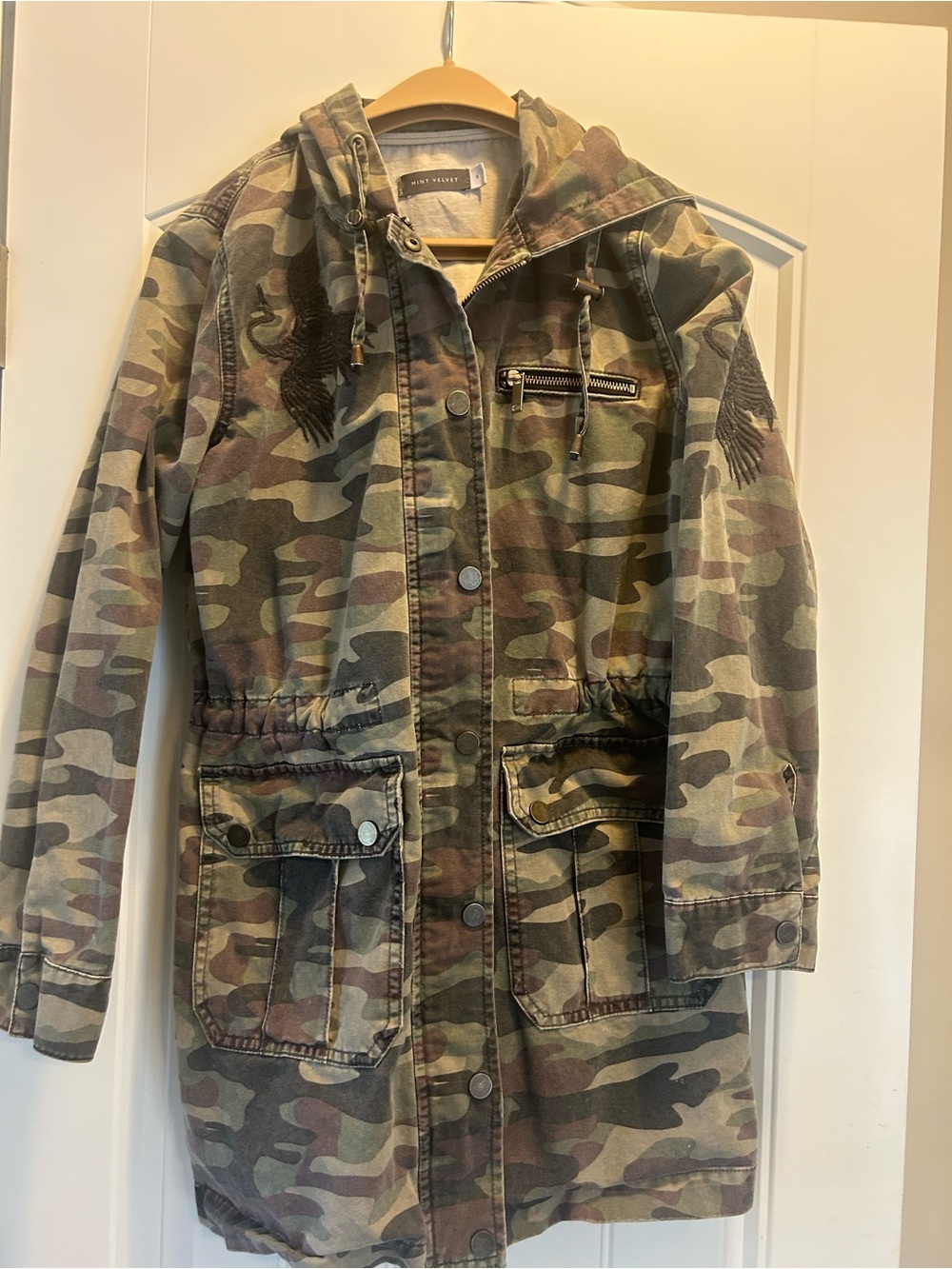 Mint Velvet Women’s Camo Utility Jacket Embroidered Bird Military Army Green EUC